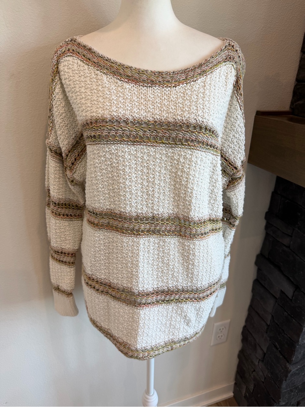 Eddie Bauer Cream Knit Boatneck Sweater with Multicolor Stripes. Size L